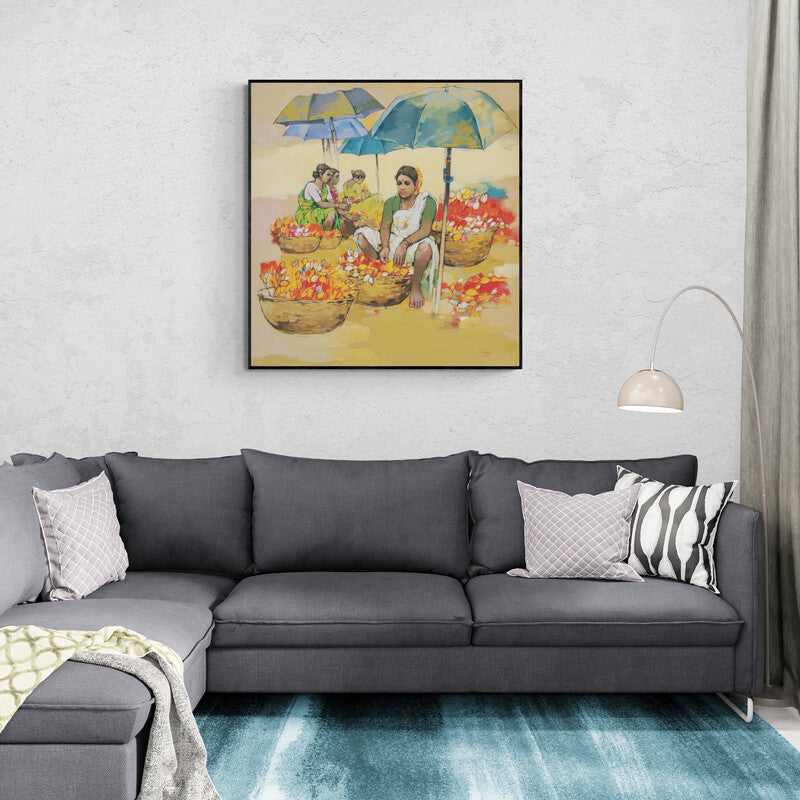 In-situ view of Satyajeet Varekar's 'Women Selling Flowers' painting in a room
