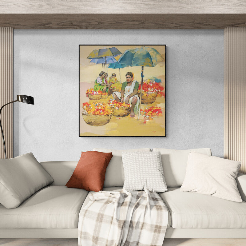 Preview of 'Women Selling Flowers' Painting by Satyajeet Varekar shown on a wall in a furnished room.
