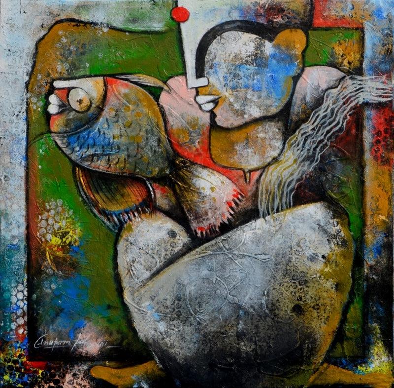 contemporary acrylic painting titled 'Women with fish', 24x24 inches, by artist Anupam Pal on canvas