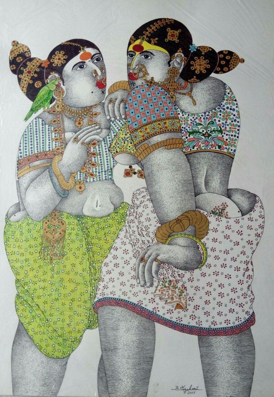 Figurative acrylic painting titled 'Women With Parrot 3', 15x23 inches, by artist Bhawandla Narahari on Paper