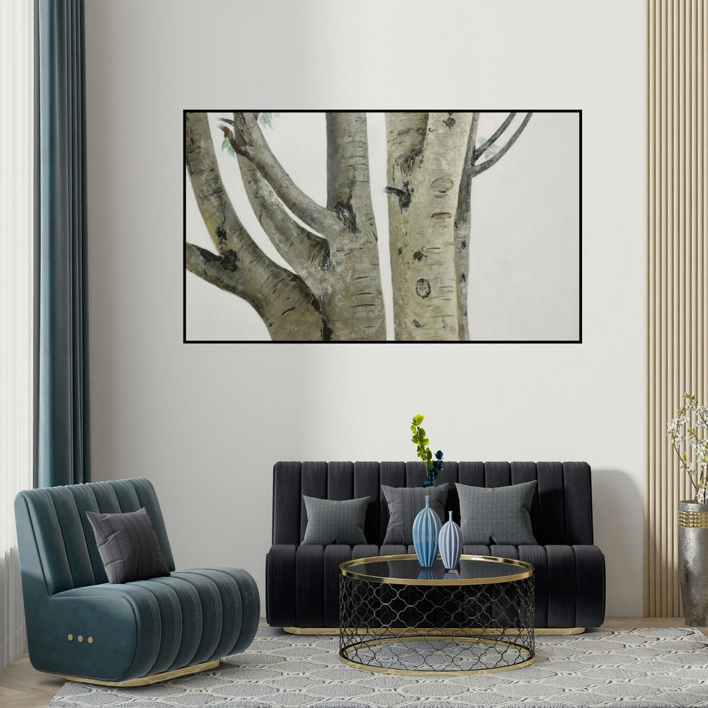 Dilip Mali's 'Wood Note 3 (Textured Terrain)' painting visualized above a sofa in a contemporary room.