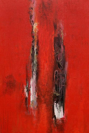 Wood Note 84 (Crimson Currents) by Dilip Mali, Original Acrylic Abstract Painting on Canvas, Medium Vertical Wall Art