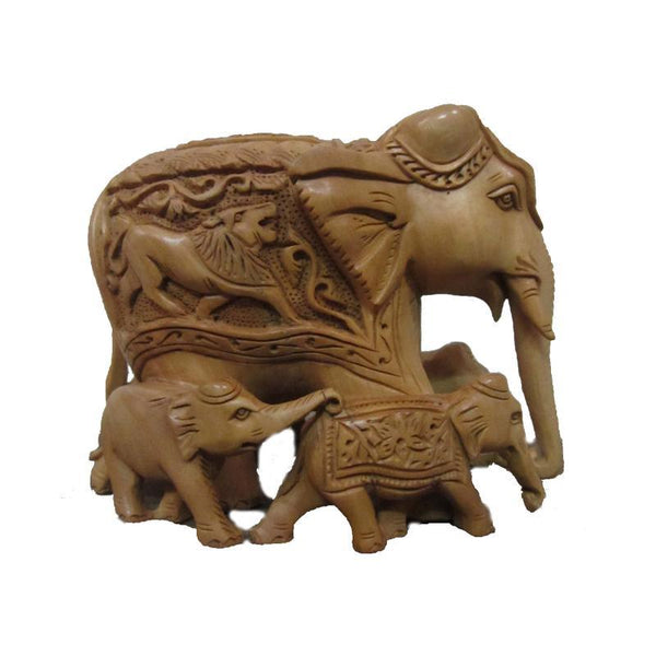 Wooden Carved Family Elephant (Five) by Ecraft India | ArtZolo.com