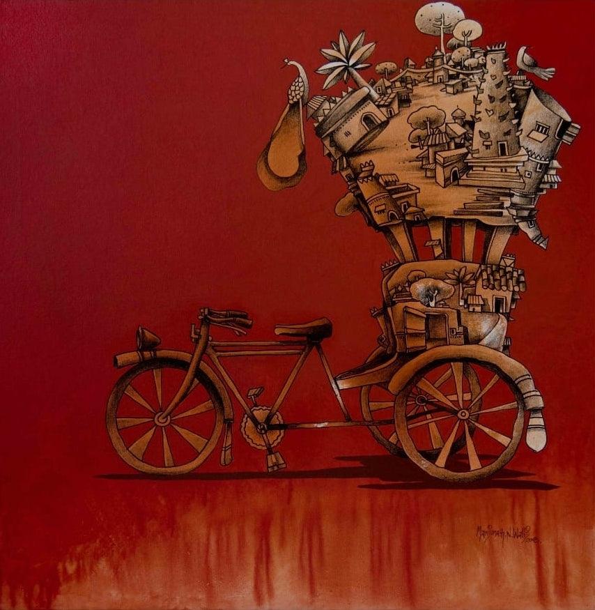 contemporary mixed media painting titled 'Work Is Workship', 30x30 inches, by artist Manjunath Wali on Canvas