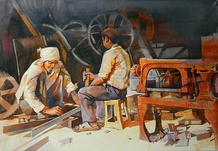 Figurative watercolor painting titled 'Workshop', 14x20 inches, by artist Bijay Biswaal on Paper