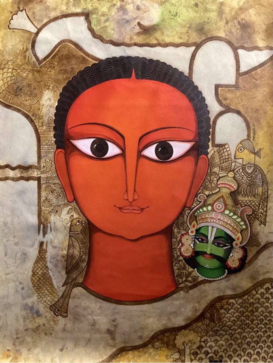 The World Around Me 1' figurative acrylic painting by artist Meenakshi Jha Banerjee, 48x36 inch, on canvas