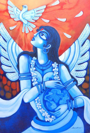 World In Me (Global Harmony) by Pradip Goswami, Original Acrylic Figurative Painting on Canvas, Medium Vertical Wall Art