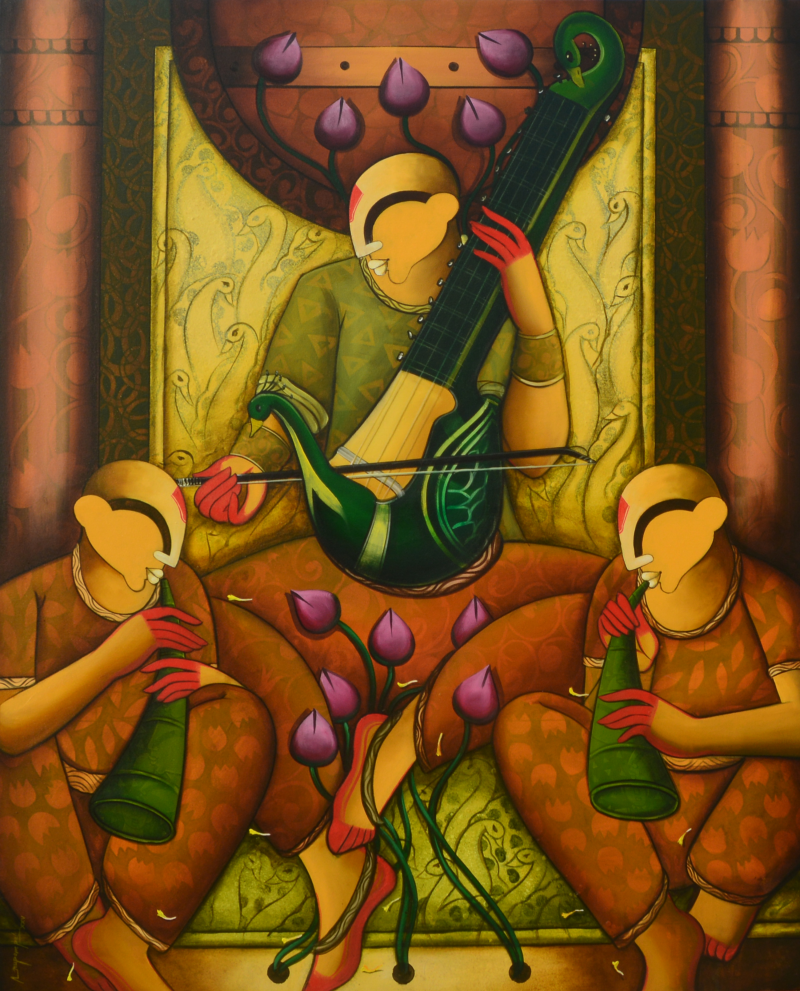 The World On A String' figurative acrylic painting by artist Anupam Pal, 60x48 inch, on canvas