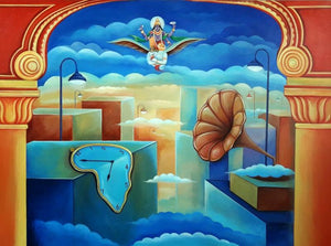 Fantasy acrylic painting titled 'Worlds watch', 36x48 inches, by artist Anand Kumar on Canvas