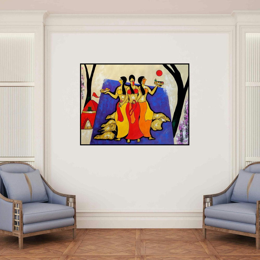 'Worship' painting by Chetan Katigar shown on a wall in a furnished room.