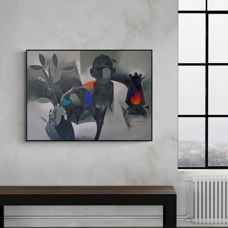 In-situ view of Ranjit Singh's 'Worship 21 (Sanctuary of Symbols)' painting in a room