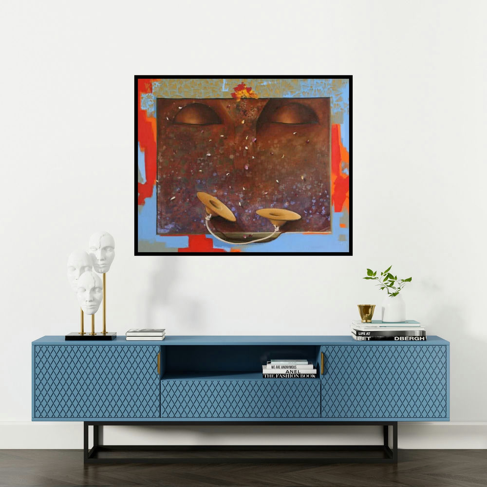 Nitin Marde's 'Worship' painting visualized above a sofa in a contemporary room.