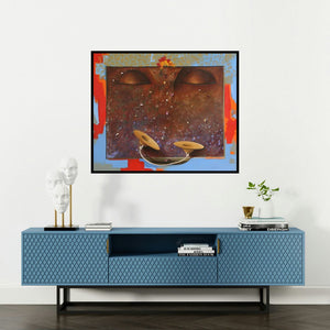 Nitin Marde's 'Worship' painting visualized above a sofa in a contemporary room.