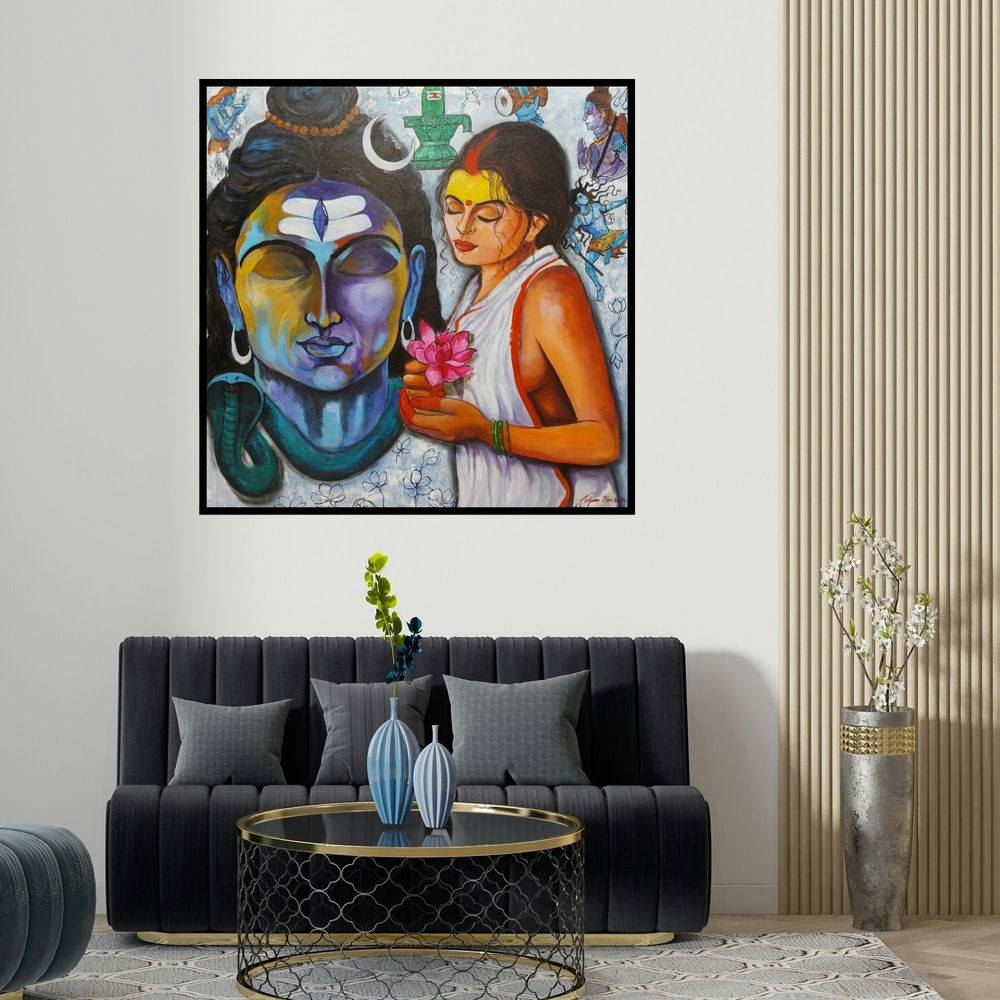 Arjun Das's 'Worshiping Of Shiva (Buddha)' painting visualized above a sofa in a contemporary room.