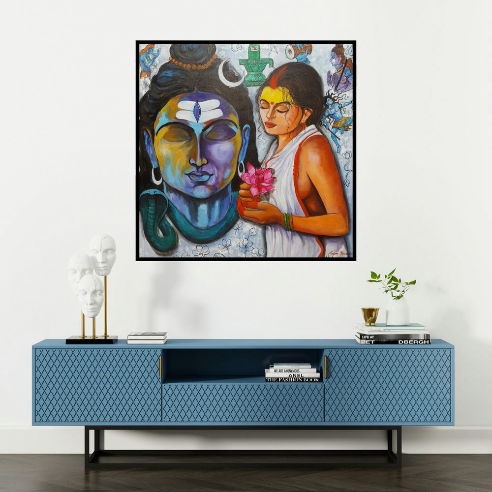 'Worshiping Of Shiva (Buddha)' painting by Arjun Das shown on a wall in a furnished room.