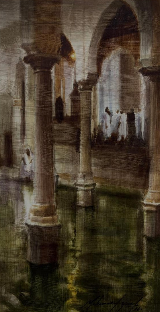 Wudu Tank Of Juma Masjid 1' religious watercolor painting by artist Mohammad Yousf, 14x8 inch, on paper