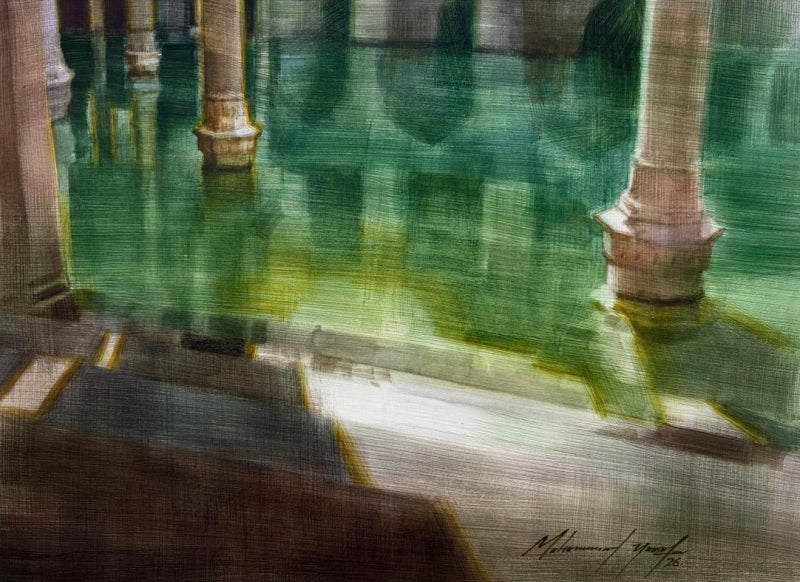 Wudu Tank Of Juma Masjid 2' religious watercolor painting by artist Mohammad Yousf, 11x15 inch, on paper