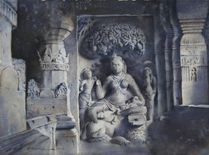 Yakshi Siddhayika Under Mango Tree (Ellora Sculpture) by Amit Dhane, Original Watercolor Religious Painting on Paper, Medium Horizontal Wall Art