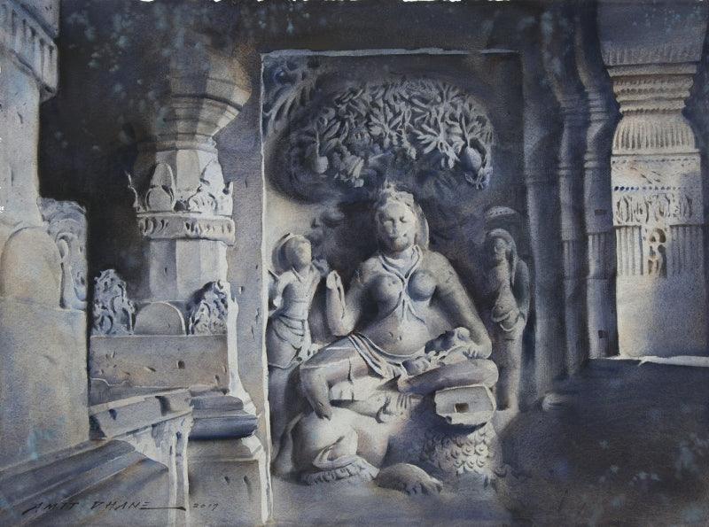 Religious watercolor painting titled 'Yakshi Siddhayika Under Mango Tree', 22x30 inches, by artist Amit Dhane on Paper
