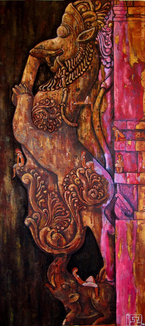 Yali The Protector Of The Gates by Suruchi Jamkar, Original Oil Surrealist Painting on Canvas, Large Vertical Wall Art