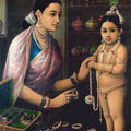 Figurative oil painting titled 'Yashodha Adorning Krishna', 36x26 inches, by artist Raja Ravi Varma Reproduction on Canvas
