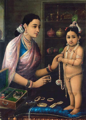 Yashodha Adorning Krishna (Eternal Love: Radha and Krishna) by Raja Ravi Varma, Print Oil Figurative Painting on Canvas, X-Small Vertical Wall Art