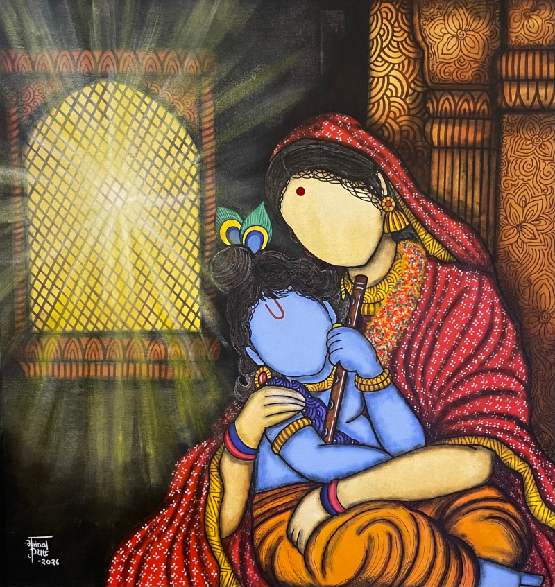 Yashodha Hari 2' religious acrylic painting by artist Mrinal Dutt, 33x32 inch, on canvas