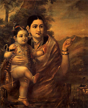 Yasoda Krishna (Yashodas Devotion) by Raja Ravi Varma, Print Oil Figurative Painting on Canvas, X-Small Vertical Wall Art