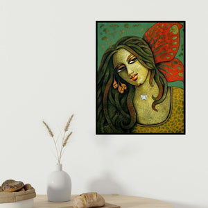 Ramchandra B Pokale's 'Yauvana 14 (Butterfly Woman)' painting visualized above a sofa in a contemporary room.