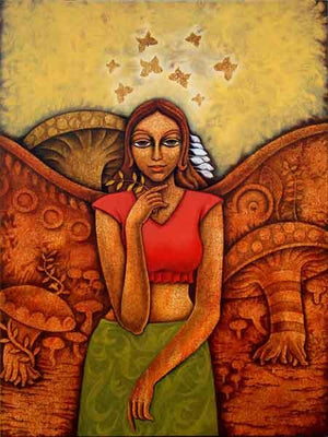 Yauvana 26 (Untitled) by Ramchandra B Pokale, Original Acrylic Figurative Painting on Canvas, Large Vertical Wall Art