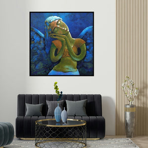 Ramchandra B Pokale's 'Yauvana 32 (Sleeping Angel)' painting visualized above a sofa in a contemporary room.