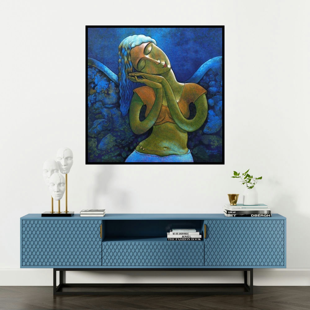 'Yauvana 32 (Sleeping Angel)' painting by Ramchandra B Pokale shown on a wall in a furnished room.