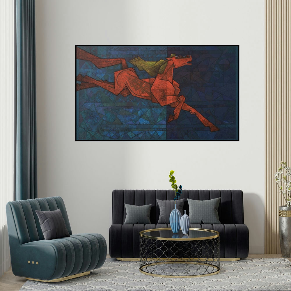 Dinkar Jadhav's 'The Yearning' painting visualized above a sofa in a contemporary room.