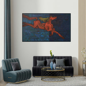 Dinkar Jadhav's 'The Yearning' painting visualized above a sofa in a contemporary room.