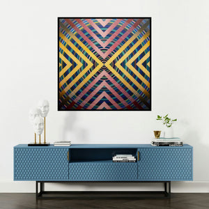 'Yellow And Red Filter (Yellow & Red Filter)' painting by Ghanshyam Gupta shown on a wall in a furnished room.