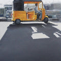 Cityscape oil painting titled 'Yellow Auto', 21x18 inches, by artist Uday Farat on Canvas Board