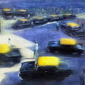 Cityscape oil painting titled 'Yellow Black 1', 21x24 inches, by artist Uday Farat on Canvas