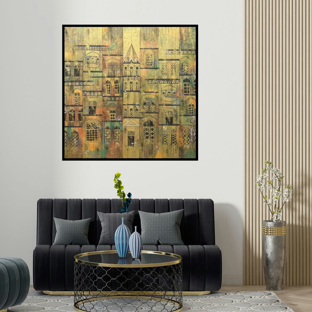 Suresh Gulage's 'Yellow City 2 (Golden City)' painting visualized above a sofa in a contemporary room.