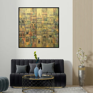 Suresh Gulage's 'Yellow City 2 (Golden City)' painting visualized above a sofa in a contemporary room.