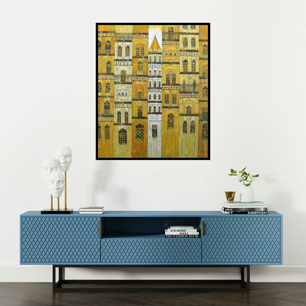 Suresh Gulage's 'Yellow City (Golden Cityscape)' painting visualized above a sofa in a contemporary room.
