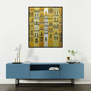 Suresh Gulage's 'Yellow City (Golden Cityscape)' painting visualized above a sofa in a contemporary room.