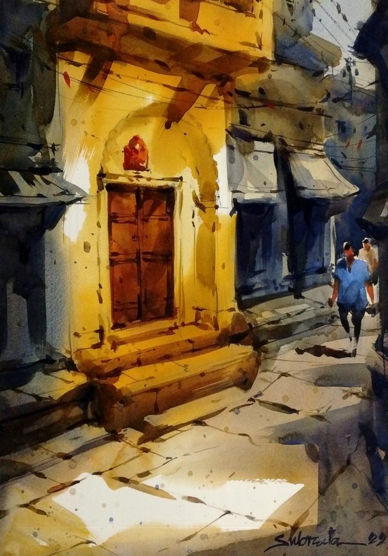 Cityscape watercolor painting titled 'Yellow Door', 15x22 inches, by artist Subrata Malakar on Paper