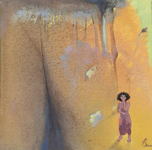 Yellow Solitute (Solitary Figure**) by Sudhakaran Edakandy, Original Acrylic Figurative Painting on Canvas, Small Square Wall Art