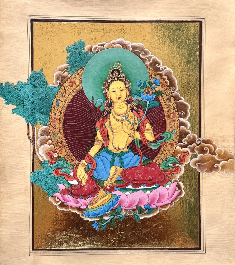 'Yellow Tara' religious mixed-media painting by artist Aditi Agarwal, 10x8 inch, on paper