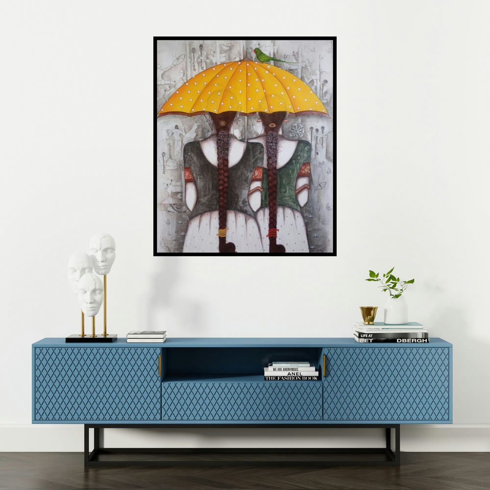 Kappari Kishan's 'Yellow Umbrella' painting visualized above a sofa in a contemporary room.