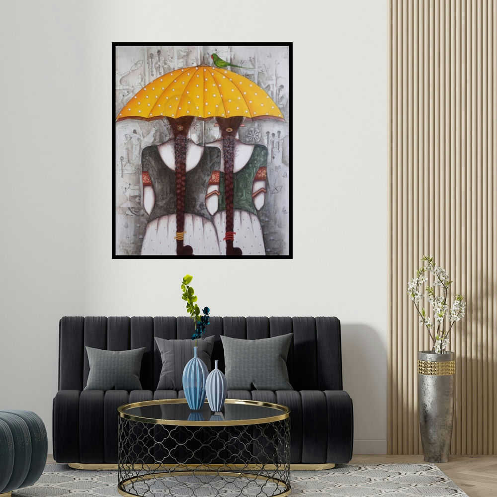 'Yellow Umbrella' painting by Kappari Kishan shown on a wall in a furnished room.