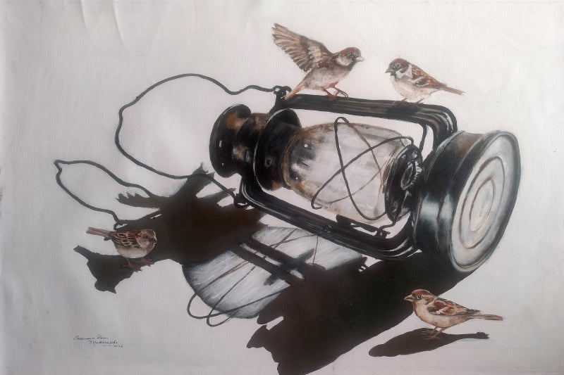 Yesterday Shadows 2' still-life acrylic painting by artist Srinivasa Ram Makineedi, 36x24 inch, on canvas