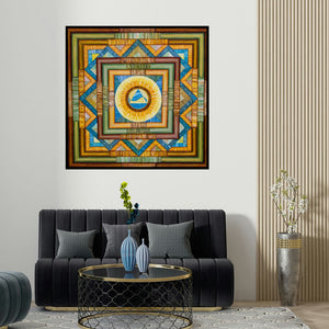 Manju Lamba's 'Yin yang Mandala 36x 36 (Nested Dimensions)' painting visualized above a sofa in a contemporary room.