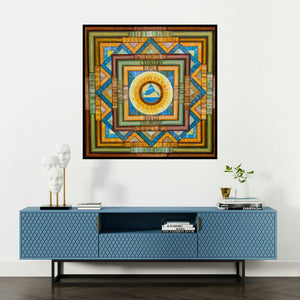 'Yin yang Mandala 36x 36 (Nested Dimensions)' painting by Manju Lamba shown on a wall in a furnished room.