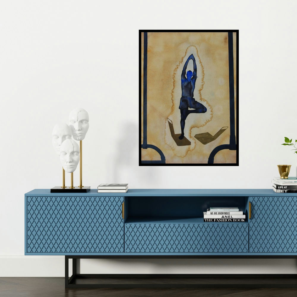 'Yoga (Inner Balance: A Figurative Composition)' painting by Manish Sutar shown on a wall in a furnished room.